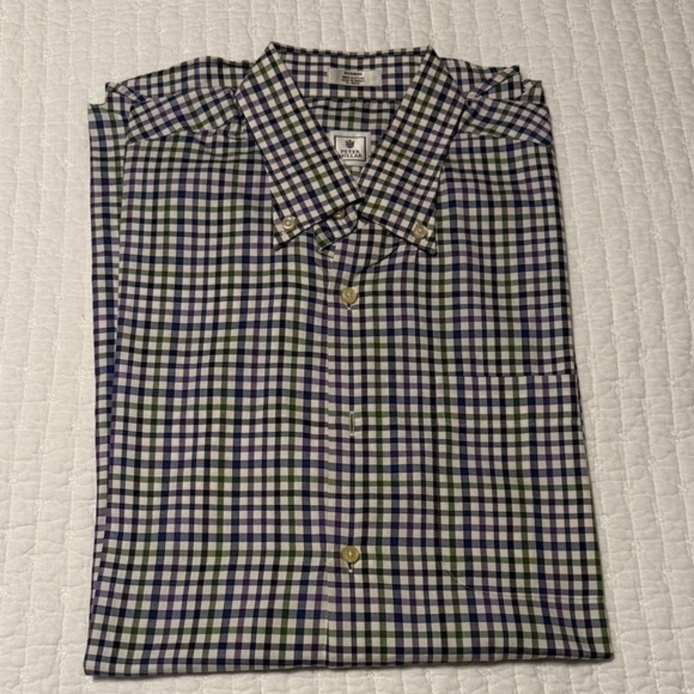Peter Millar Mens Plaid Button Down Shirt Blue Green Purple Medium Cotton